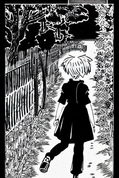 Image similar to adult girl short hair is walking to school, black and white artwork in manga style, made by toriyama akira, intricate, comic page