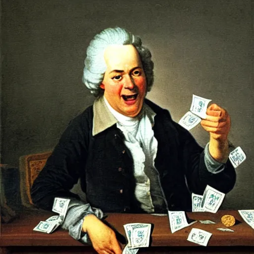 Prompt: Joseph Ducreux meme Portrait de l'artiste sous les traits d'un moqueur with piles of money. man laughs mockingly while throwing money