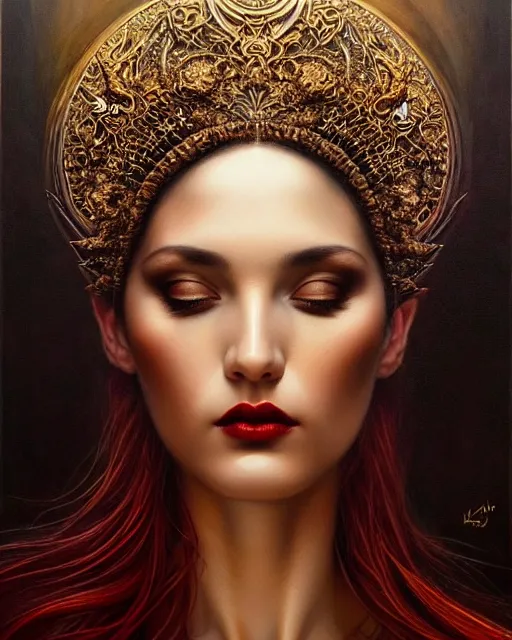 Image similar to portrait of a beautiful goddess, enigmatic beauty, muted shades of black, gold silver, dark red, white, head in focus, fantasy art, ornamental aesthetics, intricate, elegant, highly detailed, hyperrealistic, artstation, concept art, soft illumination, painterly, sharp focus, by karol bak