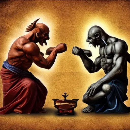Prompt: god and the devil arm wrestling to see who wins the souls, ultra realistic photo,