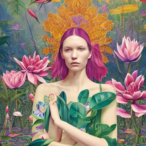 Image similar to pretty model with botanical and water lilies : : by martine johanna and simon stalenhag and chie yoshii and casey weldon and wlop : : ornate, dynamic, particulate, rich colors, intricate, elegant, highly detailed, vogue, harper's bazaar art, fashion magazine, smooth, sharp focus, 8 k, octane render