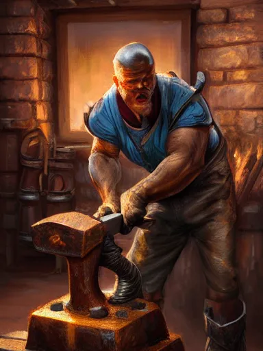 Prompt: a blacksmith holding a hammer, forging in its anvil. charismatic, bold. intricate, elegant, highly detailed, digital painting, artstation, cinematic shot, concept art, sharp focus, illustration, by justin gerard and artgerm 8 k