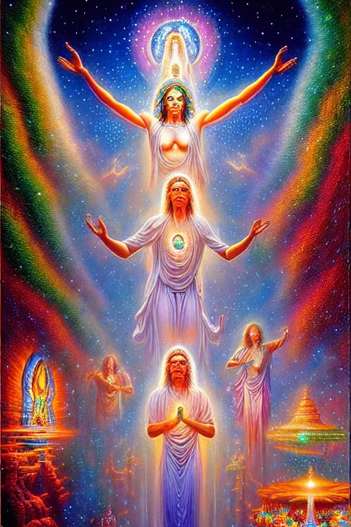 Prompt: a realistic detailed cinematic painting of a beautiful clear glass vibrant consciousness of human evolution, spiritual enlightenment, spirit, opal statues adorned in jewels, by david a. hardy, kinkade, lisa frank, wpa, public works mural, socialist