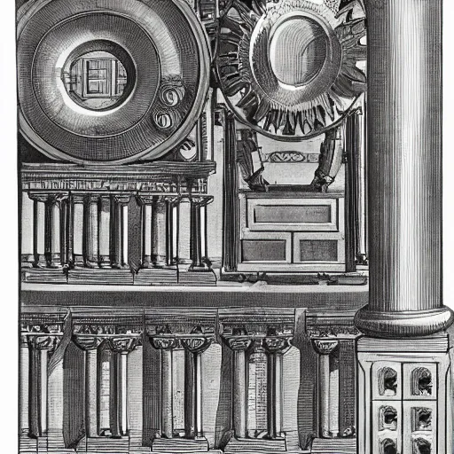 Prompt: an architecture drawing of a supercomputer from Alexandria in Late Antiquity, involving a statue of a god and a chamber full of gears and machinery