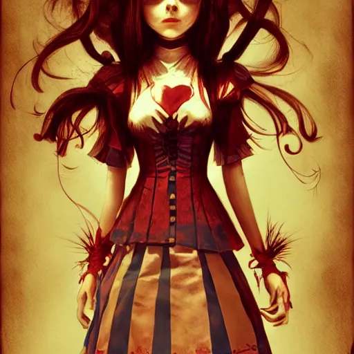 Image similar to alice from alice madness returns, beautiful, mesmerizing, concept art, highly detailed, artstation, behance, deviantart, trending, ken wong