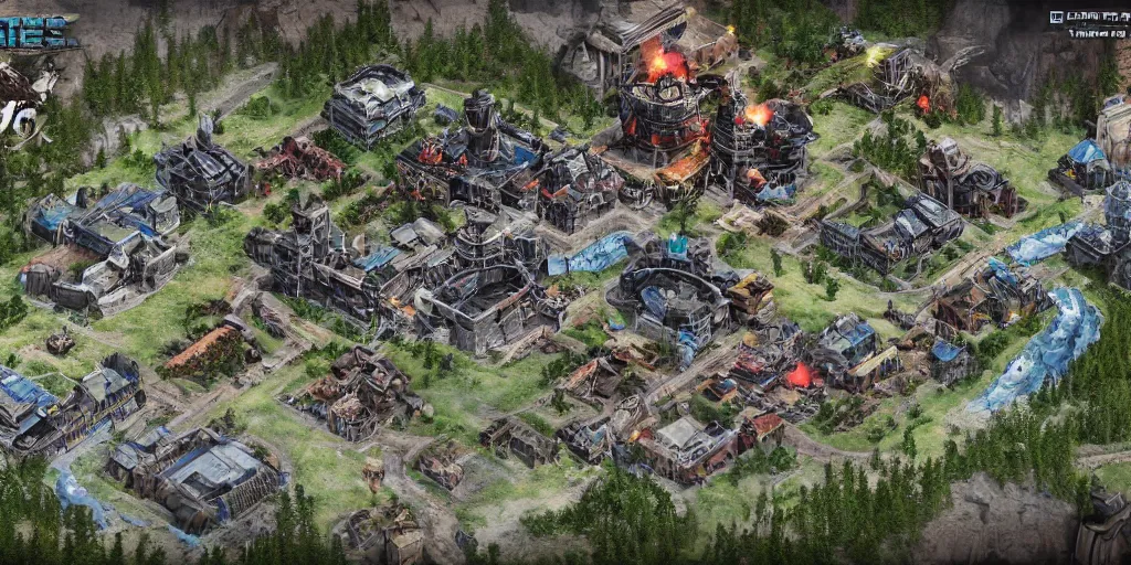 Image similar to zoomed in rts fortress game map based on deadspace meets farcry 5. lush environment, colorful realism, unreal engine 5, edge of tomorrow technology