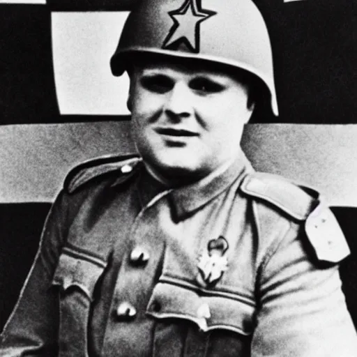 Prompt: Patrick Star as a soldier during World War II, ww2, black and white photo