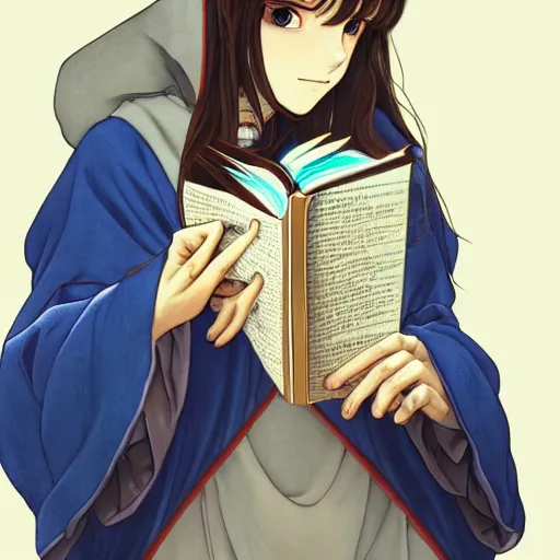 Image similar to portrait of a female wizard with brown hair wearing a blue hooded robe holding a book, fantasy, extremely detailed, digital illustration, character art, seinen, anime key visual, art by hayao miyazaki and makoto shinkai and alphonse mucha, trending on artstation