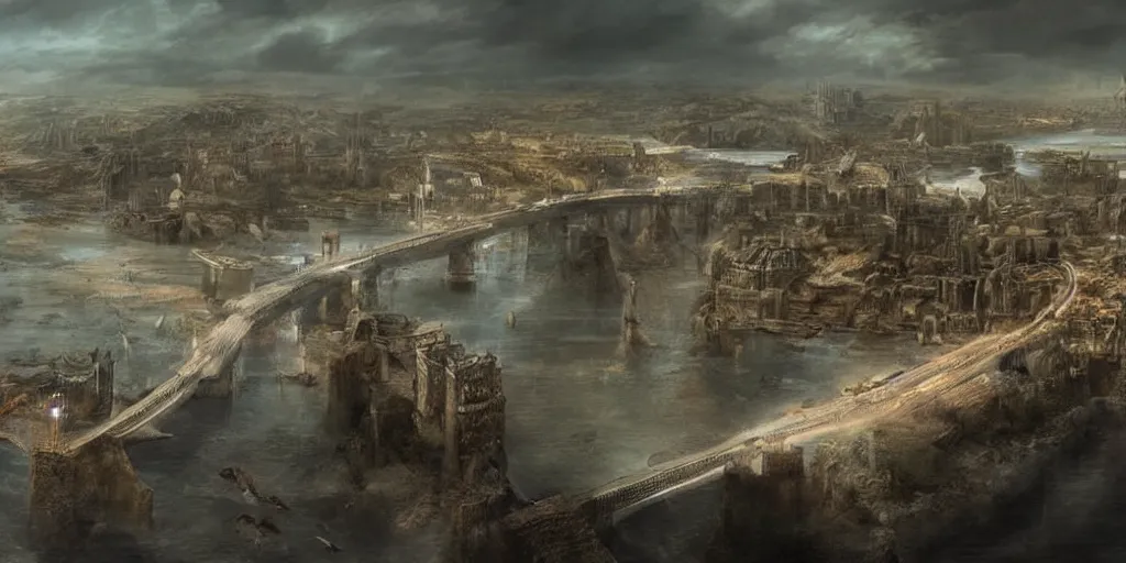 Image similar to illustration, concept illustration, a single giant ancient city on a single bridge, giant continent bridge build over the ocean in a straight line that developed into a grand city, fading into the distance