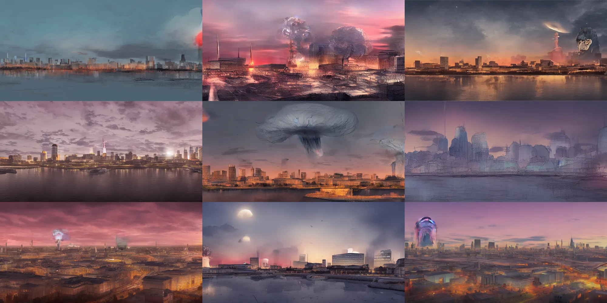 Prompt: concept art of Helsinki skyline at dusk with a nuclear mushroom cloud in the horizon