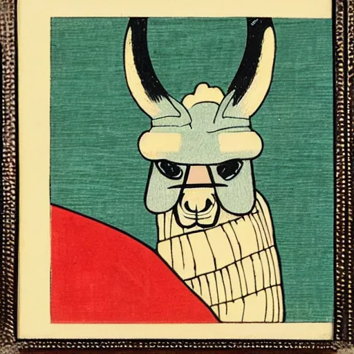 Image similar to japanese color woodblock print of a llama wearing a noh mask.