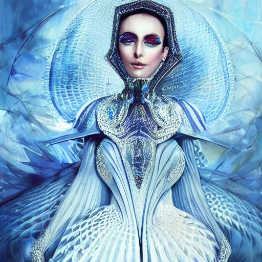 Image similar to a beautiful arabian woman wearing a futuristic dress by alexander mcqueen, thom browne, karol bak, ayami kojima, artgerm, arabian beauty, blue eyes, smile, futuristic, organic dress, pattern, concept art, fantasy