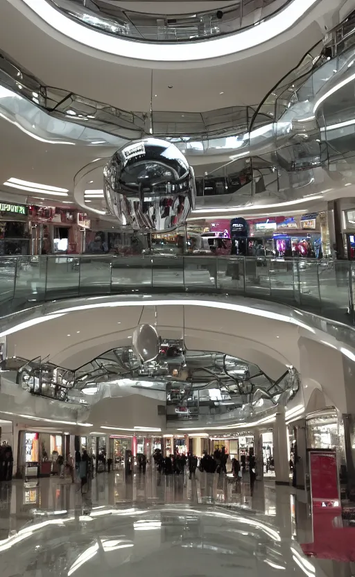 Prompt: photo of a chrome blob in a mallsoft mall, sharp wide shot