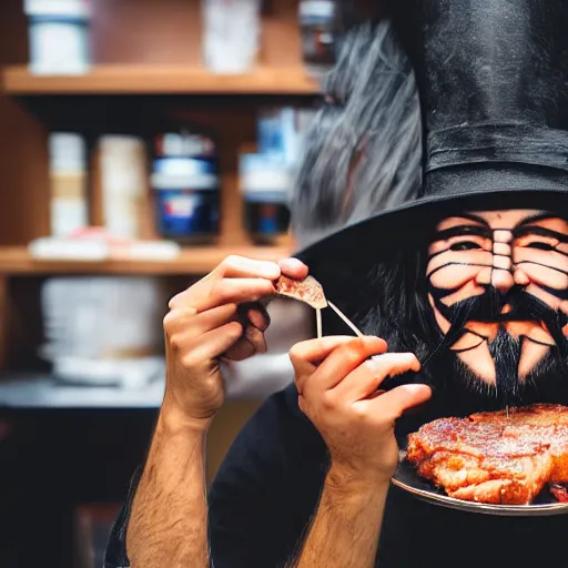 Image similar to man with guy fawkes mask eating pork chop