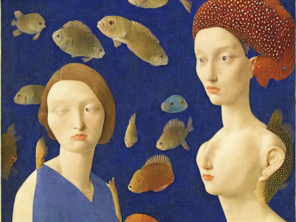 Image similar to portrait of a woman head with exotic flowerhorn cichlid fish. lapis lazuli. painting by piero della francesca, balthus, agnes pelton