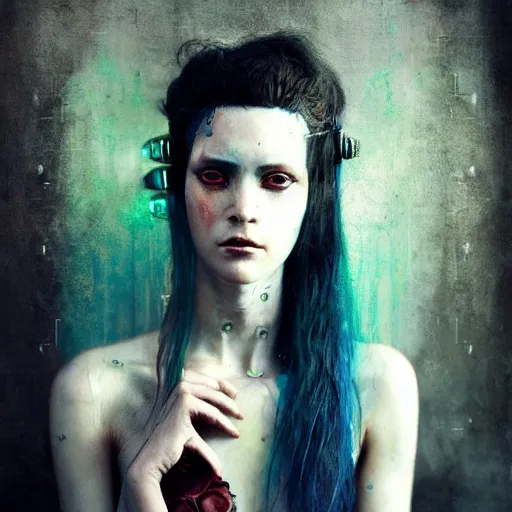 Image similar to female cyberpunk portrait by cy Twombly and BASTIEN LECOUFFE DEHARME and zhang jingna, iridescent,