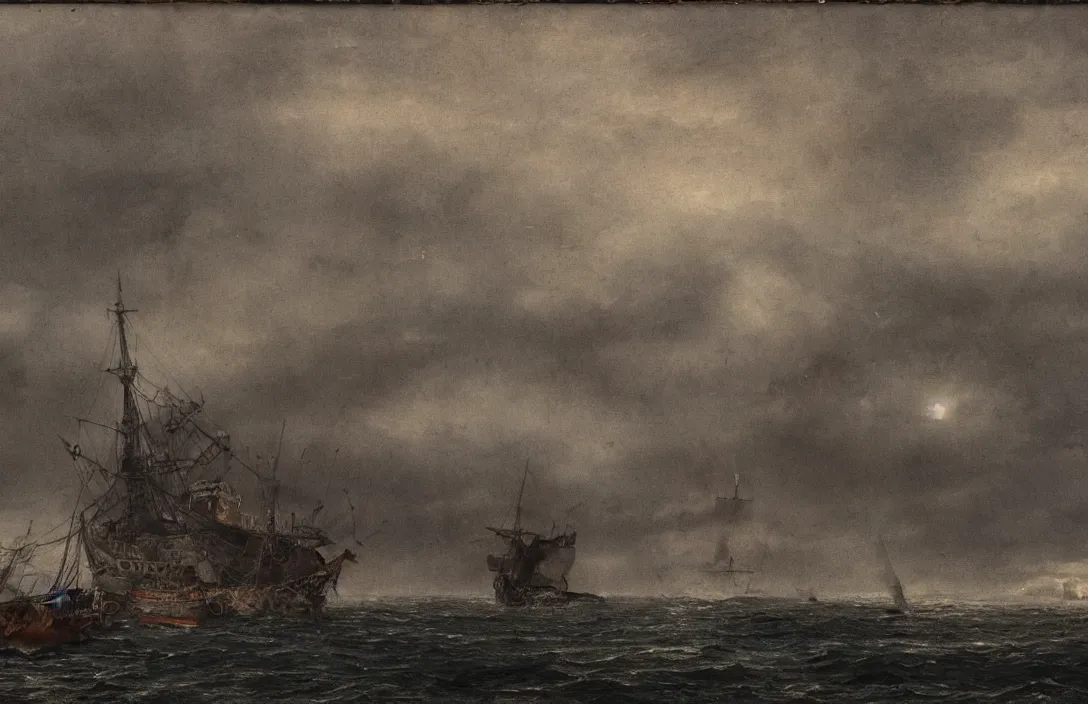 Prompt: pictorial antidote surviving painting ship ever further out to sea painted without underdrawings intact flawless ambrotype from 4 k criterion collection remastered cinematography gory horror film, ominous lighting, evil theme wow photo realistic postprocessing photo taken with nikon d 7 5 0 has its own distinctive quality quite unlike any other macrolens jan van der heyden