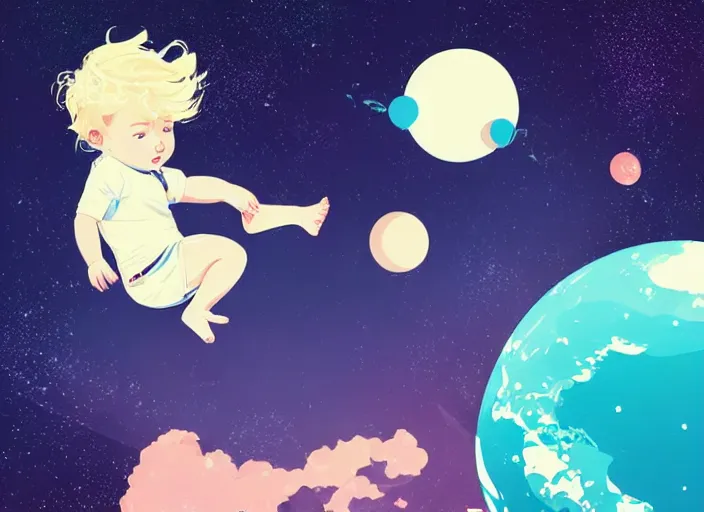 Image similar to a newborn baby with blonde hair floating in space. clean cel shaded vector art. shutterstock. behance hd by lois van baarle, artgerm, helen huang, by makoto shinkai and ilya kuvshinov, rossdraws, illustration, art by ilya kuvshinov