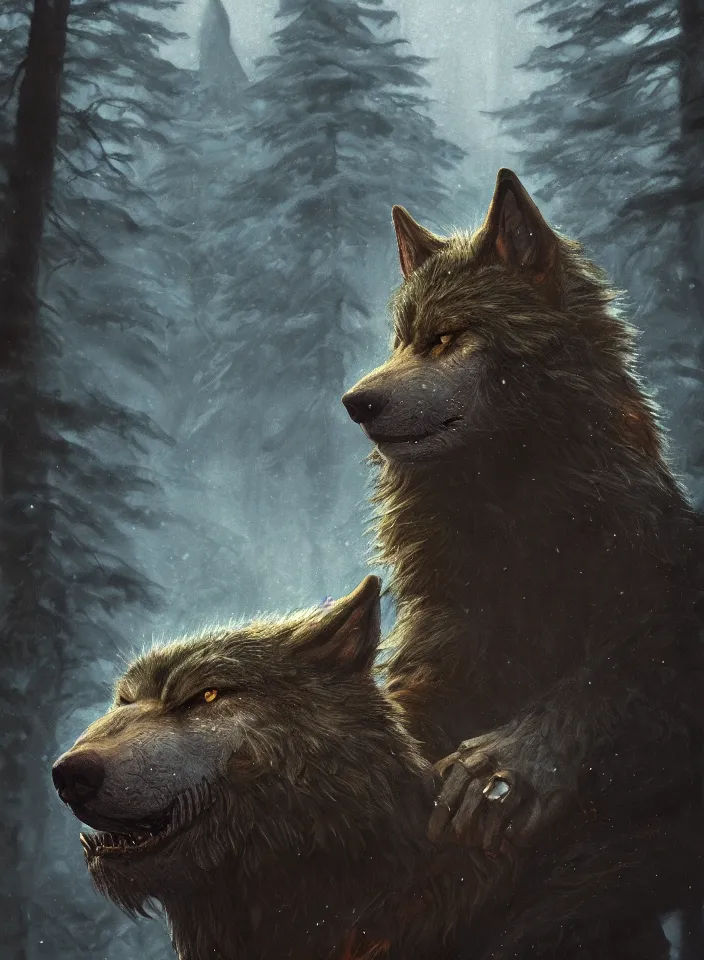 Prompt: a face portrait of a werewolf guarding the temperate forests from skyrim, fantasy setting, dark environment, serene colors, soft lighting, atmospheric, cinematic, moody, in the style of diego koi, gina heyer, luiz escanuela, art by alyssa monk, hyperrealism, rule of thirds, golden ratio, oil on canvas, 8 k