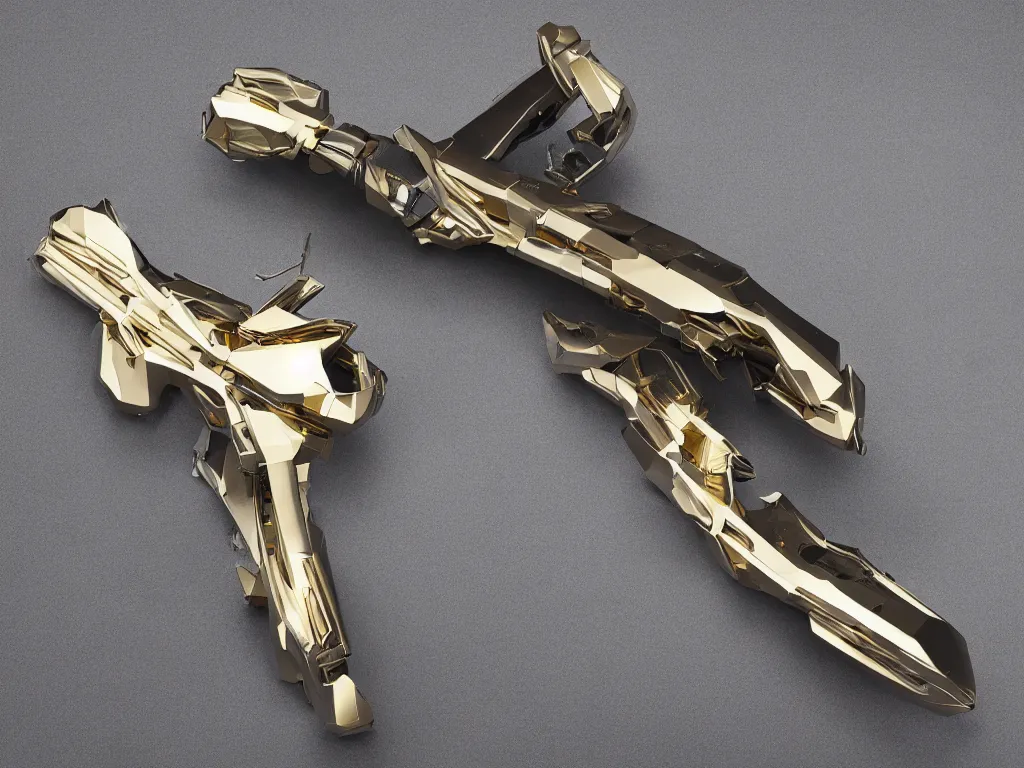 Image similar to intricate futuristic weapon made of brushed metal, chrome and carbon, gold linings