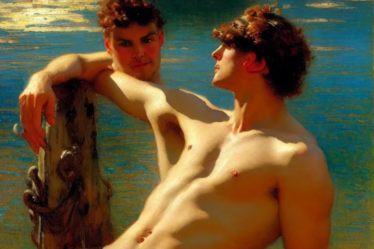 Image similar to summer, attractive male, dreamy, painting by gaston bussiere, craig mullins, j. c. leyendecker