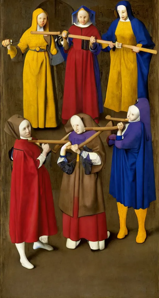 Image similar to a painting of 3 superhero nuns holding nunchucks, medieval painting by Jan van Eyck, Johannes Vermeer