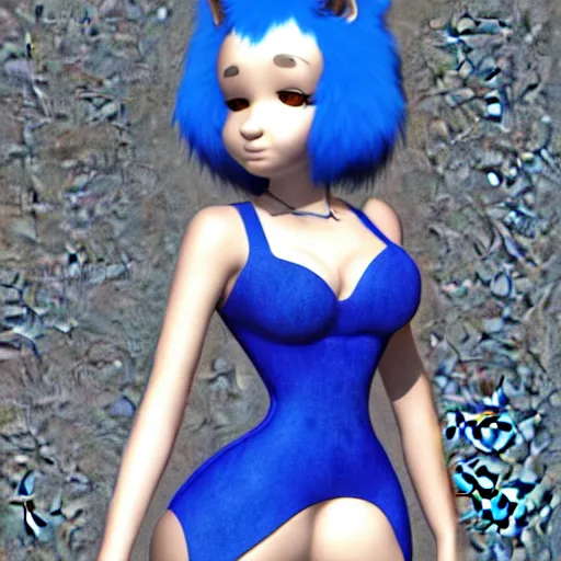 Prompt: 3 d render, well toned, large, female anthropomorphic wolf, blue fur with white spots, icey blue dress.