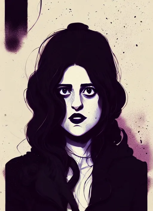 Prompt: highly detailed closeup portrait of beautiful carly chaikin as darlene alderson, wavy black hair, by atey ghailan, by greg rutkowski, by greg tocchini, by james gilleard, by joe fenton, by kaethe butcher, gradient purple, black and white color scheme, grunge aesthetic!!! ( ( graffiti tag wall background ) )