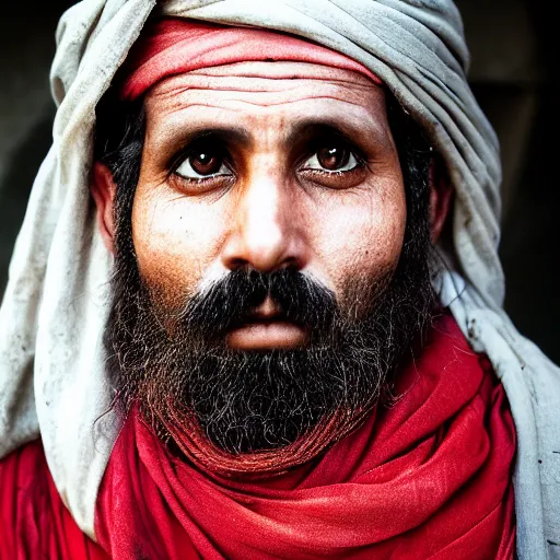 Prompt: portrait of matt christman as afghan man, green eyes and red scarf looking intently, photograph by steve mccurry