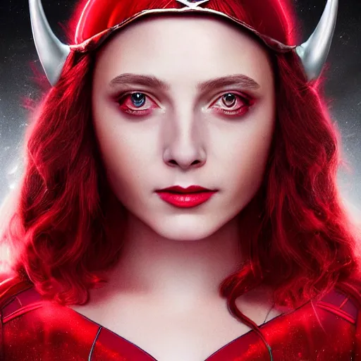 Prompt: A portrait of elizabeth as scarlet witch with horns, cinematic, digital art, amazing detail