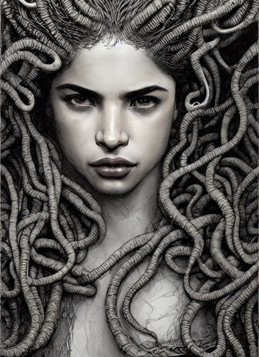 Prompt: portrait of anne curtis as medusa looking for camera wearing greek chiton, fantastically eerie, desaturated colors, pen and ink, intricate line drawings, by craig mullins, ruan jia, kentaro miura, greg rutkowski, loundraw