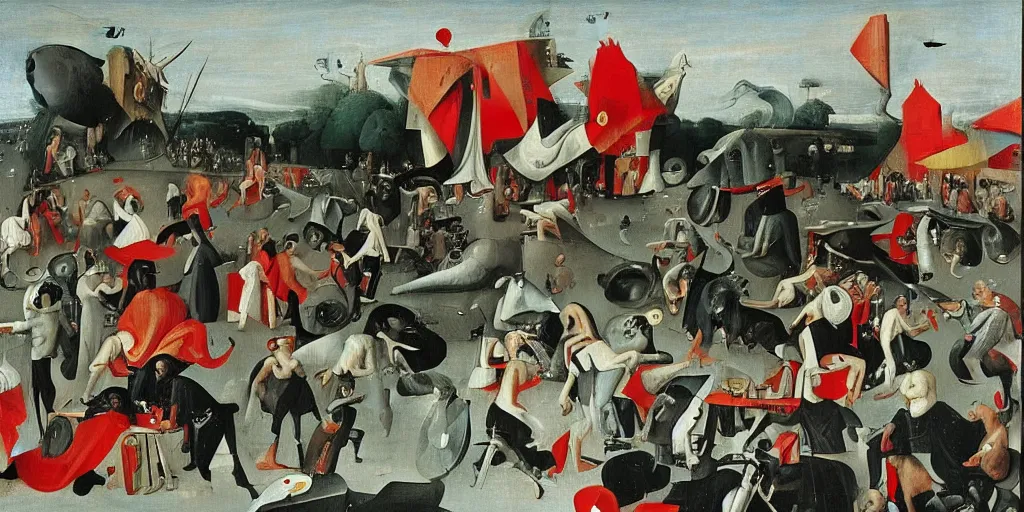 Prompt: formula one race in the style of hieronymous bosch and Picasso