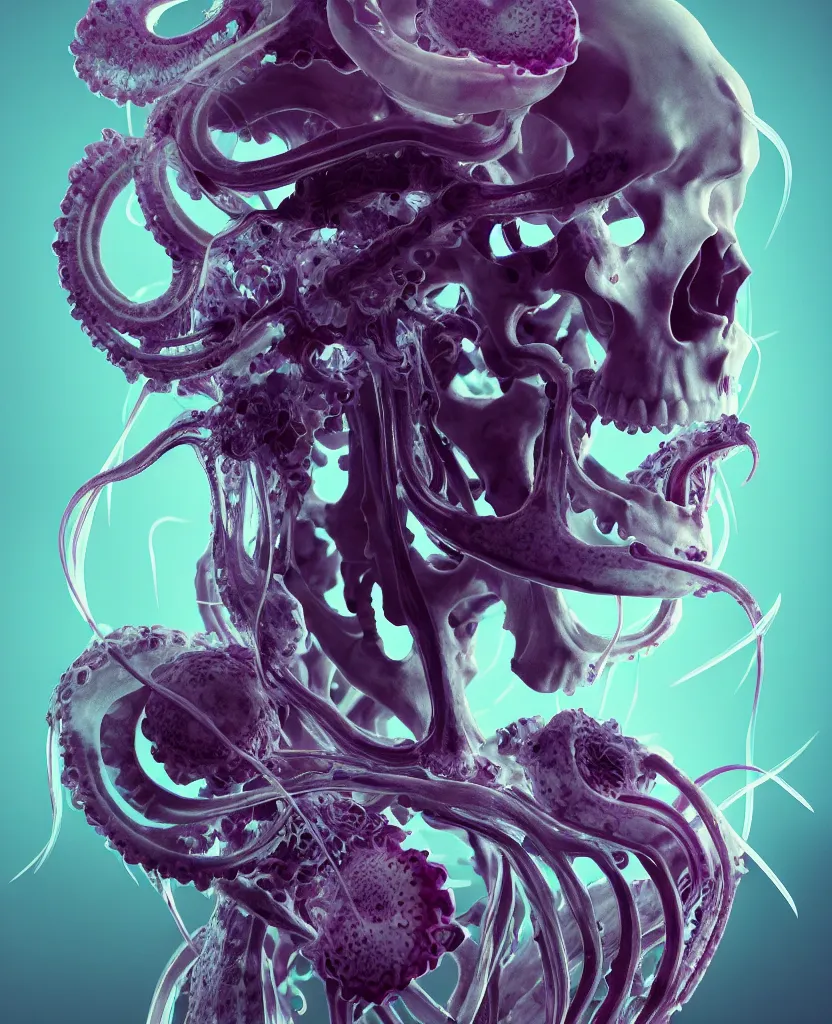 Image similar to symmetry!! goddess close - up portrait human skeleton, ram skull, squid phoenix jellyfish, orchid, betta fish, bioluminiscent, intricate artwork by tooth wu and wlop and beeple. octane render, trending on artstation, greg rutkowski very coherent symmetrical artwork. cinematic, hyper realism, high detail, octane render, 8 k