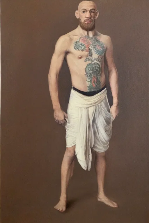 Image similar to full body portrait of conor mcgregor as mahatma gandhi, oil on canvas by william sidney mount, hindu art, great soul, irish folk, trending on artstation