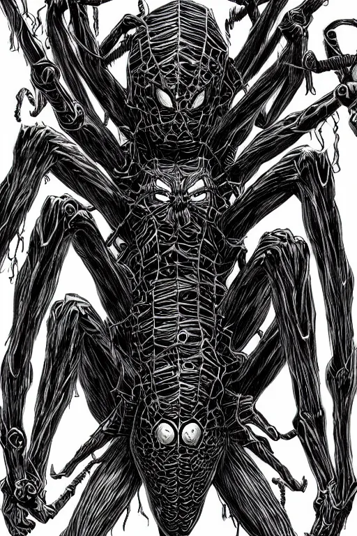 Image similar to spider humanoid figure monster, symmetrical, highly detailed, digital art, sharp focus, trending on art station, kentaro miura manga art style