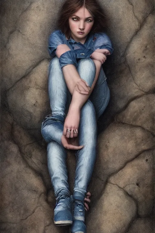 Prompt: a stunning ultra realistic fine art painting of a teenage female rock climber wearing jeans, by tom bagshaw, studio portrait, muted colors, detailed hair, 4K