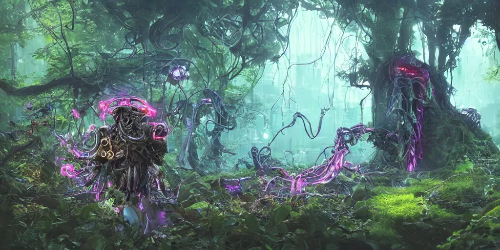 Image similar to 3 d scene of forest portal modelling. gamekeeper wearing a steampunk and neonpunk mechanical fluorescent mystical animal mask and exoskeleton. betta fish, jellyfish phoenix, bio luminescent, plasma, ice, water, wind, creature, artwork by tooth wu and wlop and beeple and greg rutkowski, ambient occlusion, award winning photograph, epic cinematic shot