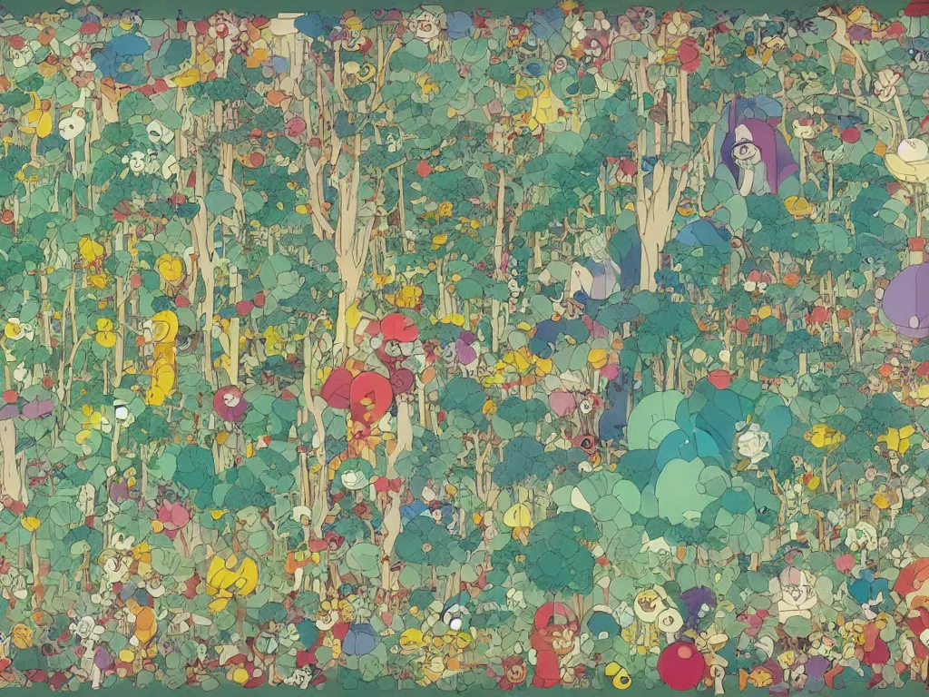 Image similar to colorful blueprint sideview of a fairytale forest, illustration, concept art, colorful, beautiful, studio ghibli, hayao miyazaki, takashi murakami, alfons mucha, manga, cute and adorable