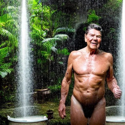 Image similar to 4 k hdr full body wide angle portrait of ronald reagan showering in a tropical bali jungle shower with moody overcast stormy lighting