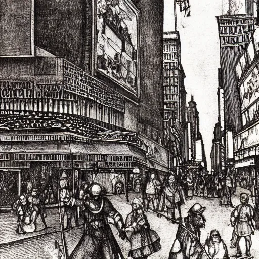 Prompt: intaglio by Albrecht Dürer of street scene in Times Square NYC, highly detailed, B&W