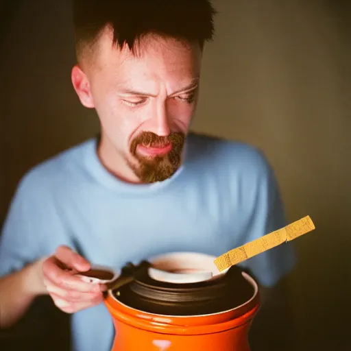 Image similar to kodak portra 8 0 0, flickr photograph of a guy eating glue out of a pot, glue eating guy, yummy glue pot delicious i love eating glue photo