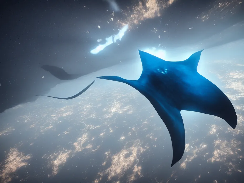 Image similar to giant manta ray in space, unreal engine 5, perspective 3 d octane render, cold blue color scheme!!!, by 8 k, light rays, lens flare, epic, hyperdetailed, trending on artstation