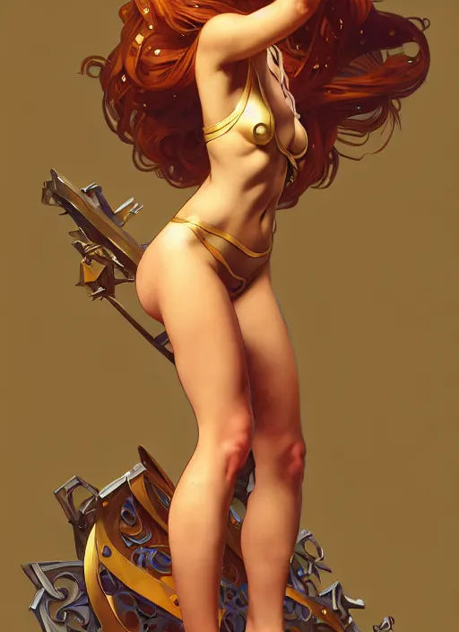 Prompt: leona from league of legends with arms raised, minimal clothing, pinup pose, hyper detailed, digital illustration, illustration,, trending in artstation, cinematic lighting, studio quality, sharp focus, intricate, elegant, art style by alphonse mucha and klimt and nixeu and ian sprigger and wlop and krenz cushart