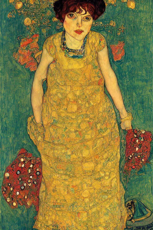 Prompt: girl waer detailed golden arabesque dress with a lot of flowers in persian pot, painting by egon schiele