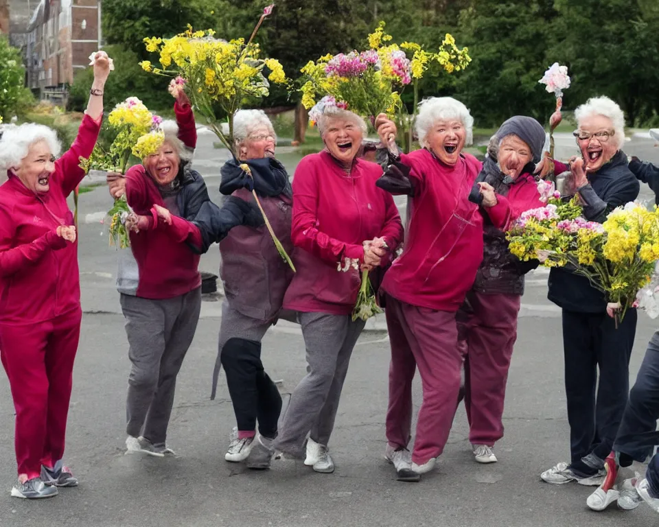 Image similar to a gang of old ladies waving flowers and pitch-forks, and wearing track suits laughing maniacally and screaming