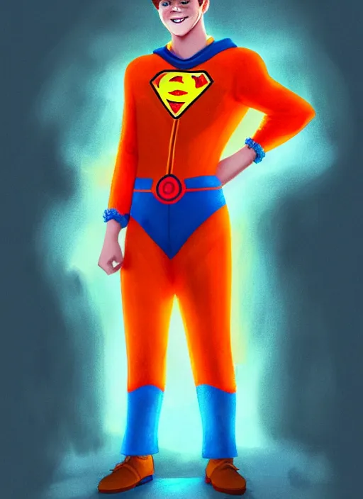 Image similar to friendly teenage archie andrews wearing an orange superhero costume with heart logo, heart, freckles, blue cape, heart emblem on chest, blue cape, intricate, elegant, glowing lights, highly detailed, digital painting, artstation, sharp focus, illustration, art by wlop, mars ravelo and greg rutkowski