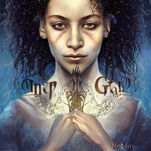 Image similar to happy 19th birthday, cover of a magnificent fantasy book by Neil Gaiman, portrait of a beautiful black hair girl, trending on artstation, highly detailed