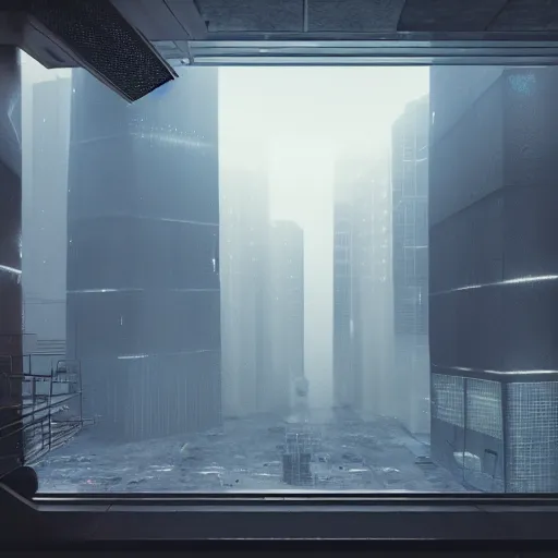 Image similar to a realistic, 4 k, octane render, raindrod. inside of the raindrop. inside the raindrop you can faintly see a dystopian futuristic city with heavy smog