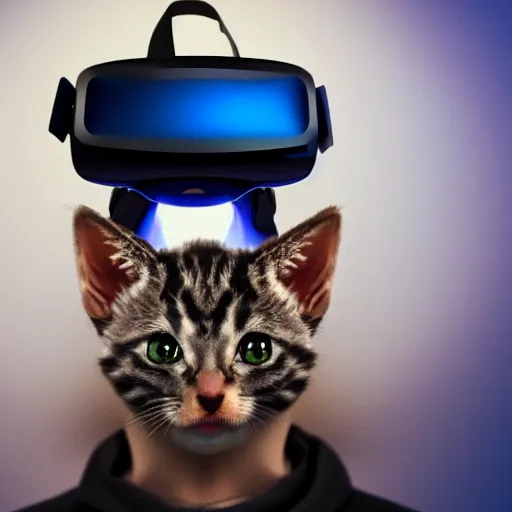 Image similar to crypto trading lyoki kitten from the future, wearing a cool vr headset 8 k hyperrealistic, trending on artstation