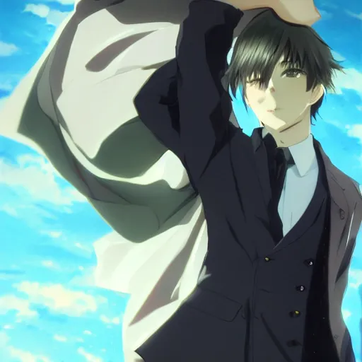 Image similar to full body portrait character concept art, anime key visual of decadent young anime male in black suit, green long hair and brown eyes, finely detailed perfect face studio lighting delicate features directed gaze, gapmoe kuudere grimdark, trending on pixiv fanbox, painted by greg rutkowski makoto shinkai takashi takeuchi studio ghibli